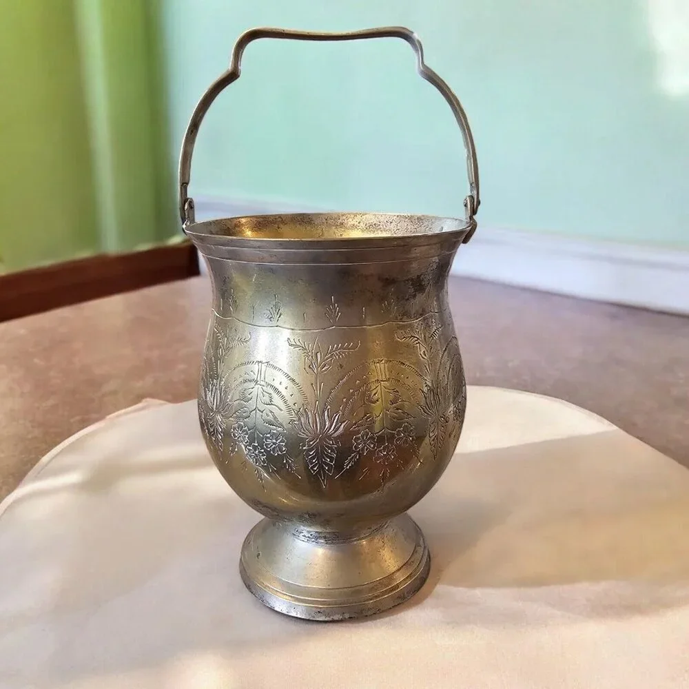 Vintage Etched Silver Plated Deco Bowl Vase With Handle Floral Design Art Nouvea